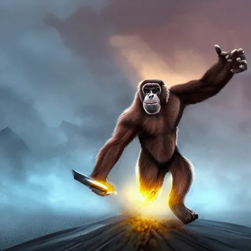 Image similar to fury art, an anthro ape wearing a large cape, exploding background, 3 d, 8 k, extremely detailed, trending on furaffinity, trending on artstation, award winning, sharp focus, illustration