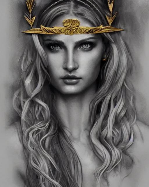 Image similar to tattoo sketch of hot blonde super model as aphrodite greek goddess wearing a gold laurel wreath and triangle earrings, beautiful piercing gaze with sharp pupils, in the style of greg rutkowski, fantasy, amazing detail, epic, elegant, smooth, sharp focus, front view