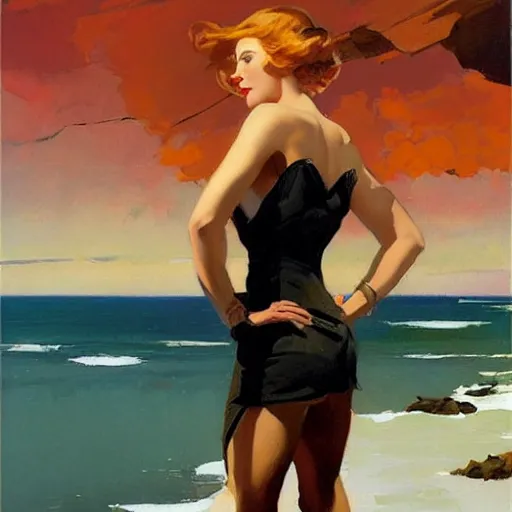 Image similar to an attractive female standing on a cliff, looking out at a red ocean, jc leyendecker!! phil hale!, angular, brush strokes, painterly, vintage, crisp