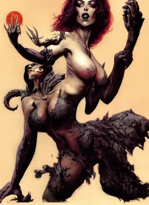 Image similar to ample female necromancer sorceress, strong line, deep color, beautiful! coherent! by frank frazetta, by brom, low angle