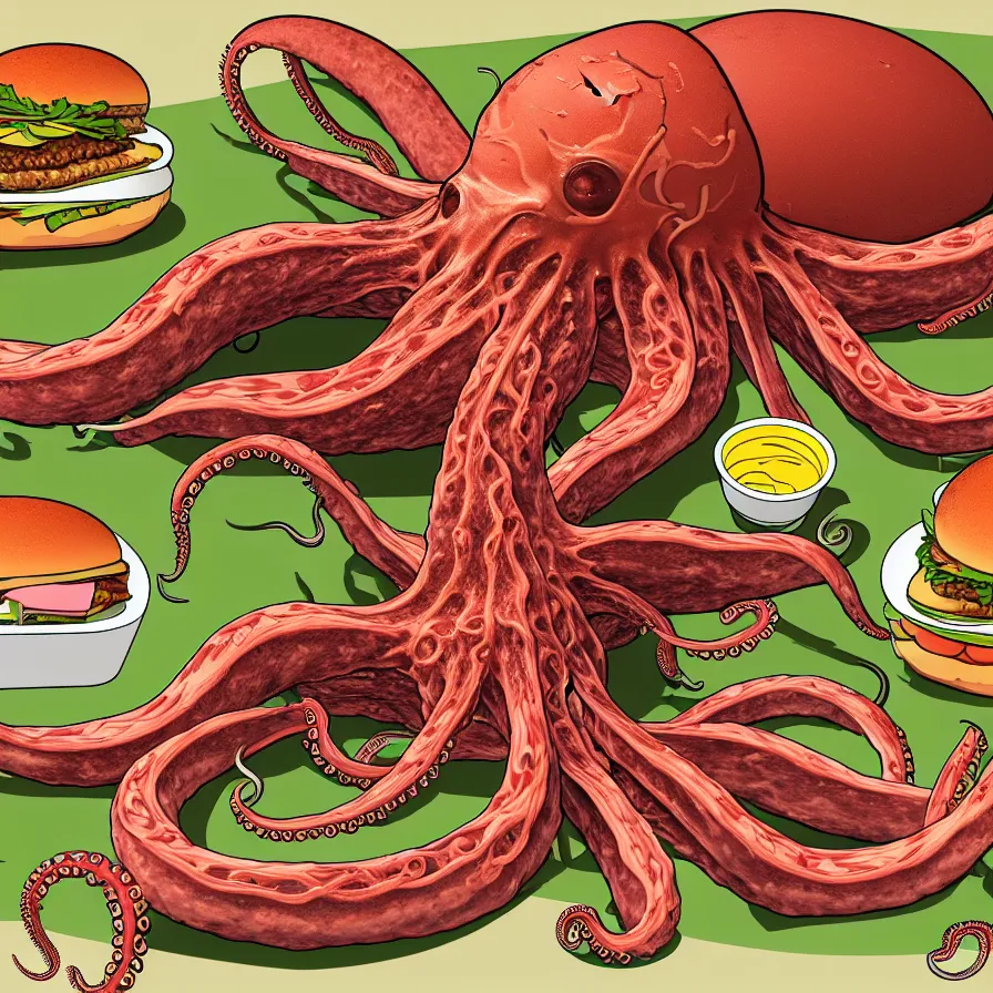 Prompt: ultra detailed anatomy textbook illustration of a giant octopus holding many burgers, tentacles wrapped around burgers, artstation, 8 k