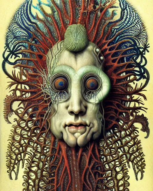 Image similar to realistic detailed underwater face portrait of the beautiful young god of the fish of the fractal waters with an intricate headgear of corals, sea kelp, sea plants, fish, starfish, jellyfish, art by ernst haeckel, hieronymus bosch, gothic, neo - gothic, ornamental, beautiful deep colours,