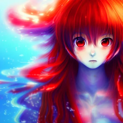 Prompt: glitched and crack sensor, advanced digital anime art, a very cute gorgeous teenage girl with a body made of fire and ice wearing a dress made of water , full body, very long snow colored hair, sky blue highlights in hair, red fiery watery eyes, full round face, dramatic cinematic lighting, highly intricately detailed, trending on pixiv, Artstation, painted by Rossdraws and the style of Sakimimichan