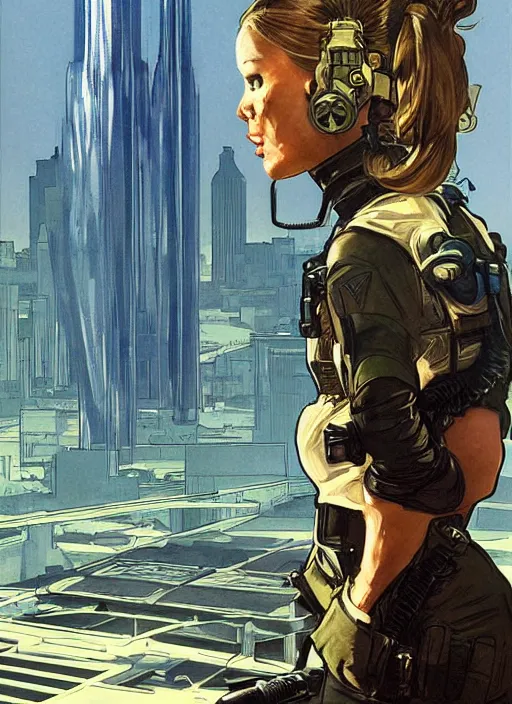 Image similar to Dinah. Beautiful USN special forces operator looking at city skyline. Agent wearing Futuristic stealth suit. rb6s Concept art by James Gurney, Alphonso Mucha.
