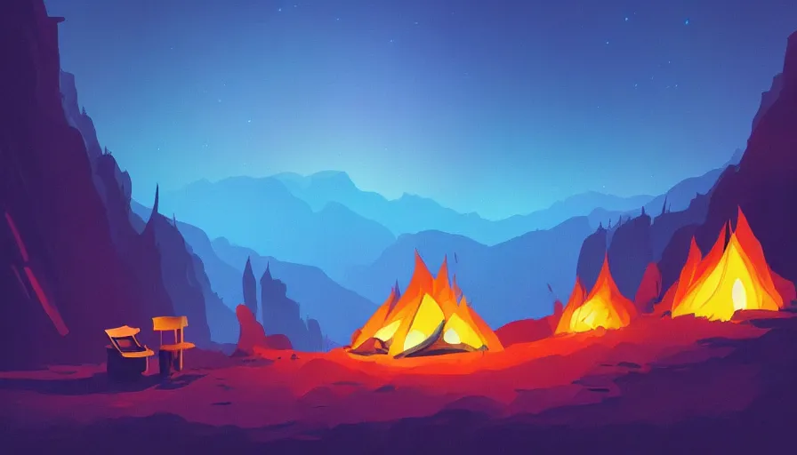 Prompt: concept art by jama jurabaev, cel shaded, cinematic shot, trending on artstation, high quality, brush stroke, vibrant colors, under the night sky, mysterious canyon creek, fluorescent spots, lonely campfire