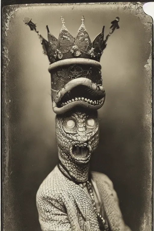 Image similar to a wet plate photo of an anthropomorphic snake wearing a tiny jester crown
