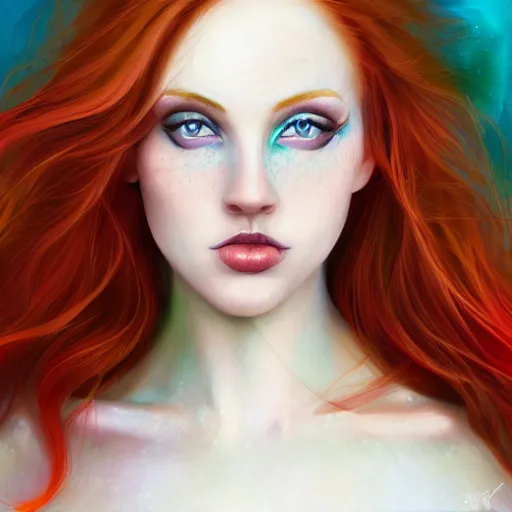 Image similar to a red haired, beautiful woman with blue / green eyes, some freckles, pale skin deep focus, elegant, digital painting, smooth, sharp focus, golden ratio, illustration, ultra realistic, 8 k, art by jasmine becket griffith