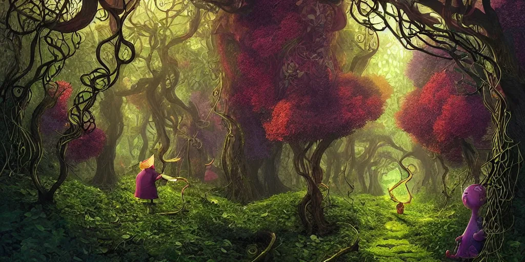 Image similar to mystical wizard in magical forest, vines hanging from trees, beautiful, summer morning, very coherent and colorful high contrast, art by!!!! gediminas pranckevicius!!!!, geof darrow, dark shadows, hard lighting