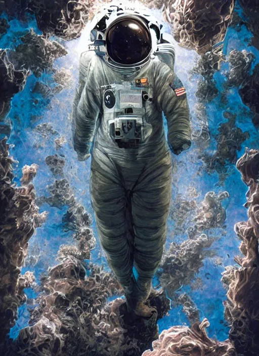 Image similar to astronaut in dark void underwater - complex and hyperdetailed technical suit design. reflection and dispersion materials. rays and dispersion of light. volumetric light. f / 3 2. noise film photo. flash photography. ultra realistic, 5 0 mm. poster by wayne barlowe, hajime sorayama aaron horkey, craig mullins