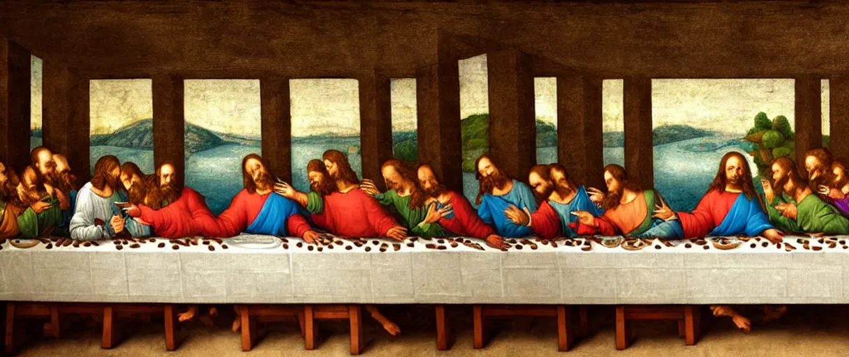 Image similar to the last supper but everyone is an animal. Painting in the style of Leonardo Da Vinci