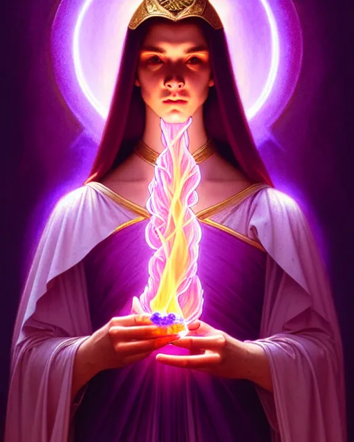 Image similar to portrait of saint germain holding a violet colored flame, purple fire, intricate, elegant, highly detailed, digital painting, artstation, concept art, smooth, sharp focus, illustration, art by artgerm and greg rutkowski and fra angelico and alphons mucha