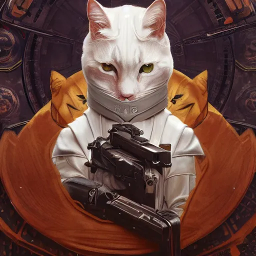 Prompt: imperial soldier cat anime style, symmetrical wallpaper, hyper realistic, pale skin, 4 k, rule of thirds, extreme detail, detailed drawing, trending artstation, hd, fantasy, d & d, by alphonse mucha, greg rutkowski, sharp focus, backlit