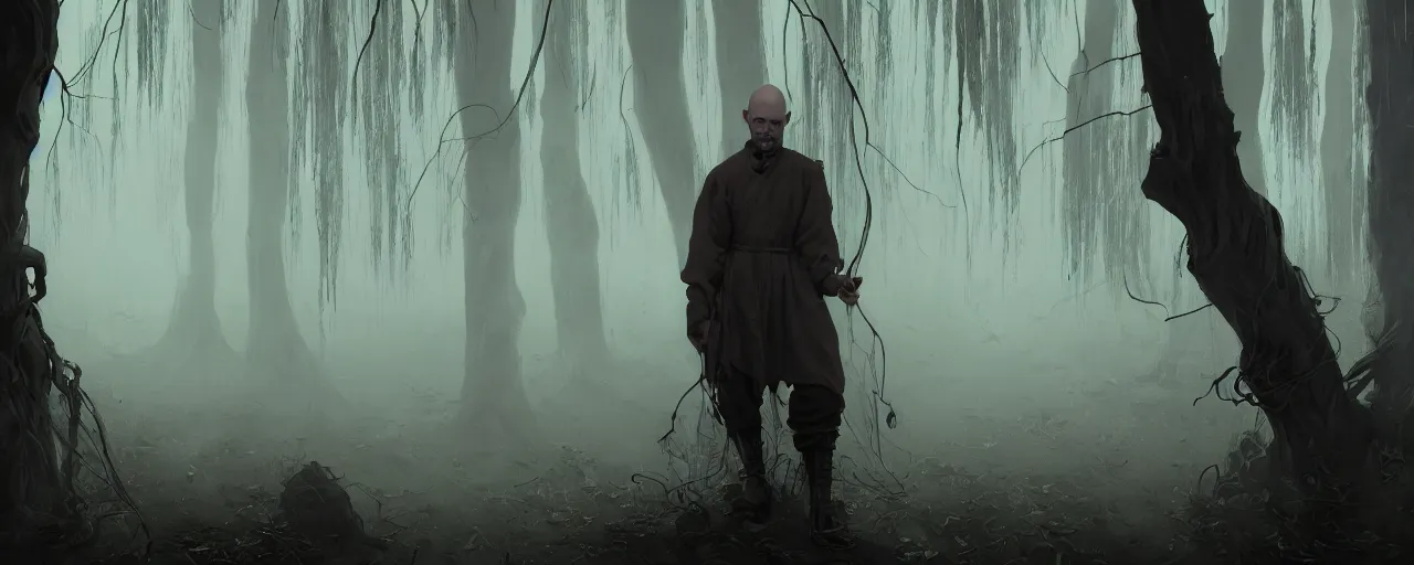 Prompt: duotone noir illustration close up of bald merchant demon in midair among willow tree in medieval brown tunic. foggy evening. dynamic dark dream atmosphere with volumetric hellish lighting, by sachin teng and sergey kolesov and ruan jia and heng z. graffiti art, scifi, fantasy, hyper detailed. octane render. concept art. trending on artstation