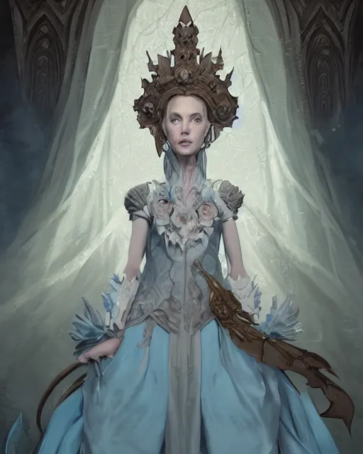 Image similar to portrait of a baroque princess dress from the fantasy world for the dragon queen atey gaylan, wonderful eyes, greg rutkowski, greg tocchini, james gillard, joe fenton, kete butcher, dynamic lighting, gradient light blue, brown, light cream and white colors, grunge aesthetics, detailed and complex environment