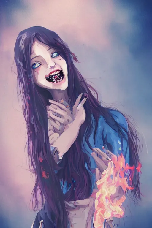 Image similar to urban school zombie girl in tattered clothes setting things on fire fanart, dark blue long hair, muted colors, matte print, pastel colors, ornate, digital art, cute smile, digital painting, fan art, elegant, pixiv, by Ilya Kuvshinov, by Studio Ghibli