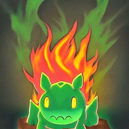 Image similar to a bulbasaur with fire powers, digital art, realistic,lava background