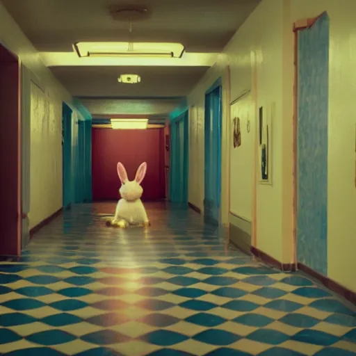 Prompt: 3 / 4 back mid shot bad bunny in a sci - fi overlook hotel hallway, wes anderson movie, rembrandt lighting, imax 4 0 mm anamorphic lens, one point perspective, tetradic color scheme, - w 1 2 8 0