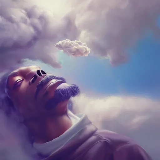 Prompt: a colossal god snoop dog is smoking the clouds, highly detailed, digital painting, artstation, octane render, matte, sharp focus, impressionist painting