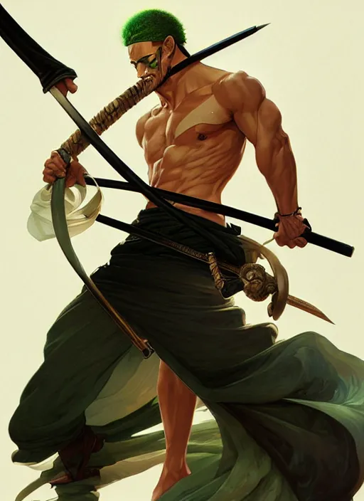 Image similar to ultra realistic illustration, handsome zoro. intricate, elegant, highly detailed, digital painting, artstation, concept art, smooth, sharp focus, illustration, art by artgerm and greg rutkowski and alphonse mucha and wlop