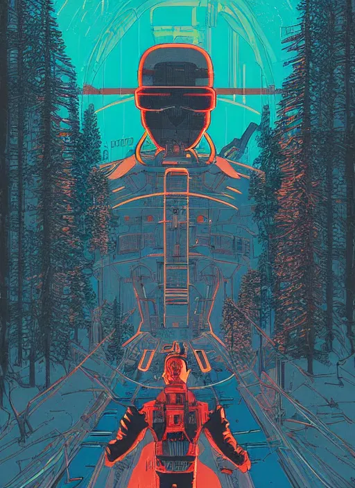 Prompt: a transparent glass movie poster of a cyberpunk explorer looking up at a massive severed robot head being reclaimed by nature, risograph by laurie greasley, kawase hasui, josan gonzalez, jean giraud, moebius and edward hopper, colourful flat surreal design, in the style of oxenfree, super detailed, a lot of tiny details, fullshot