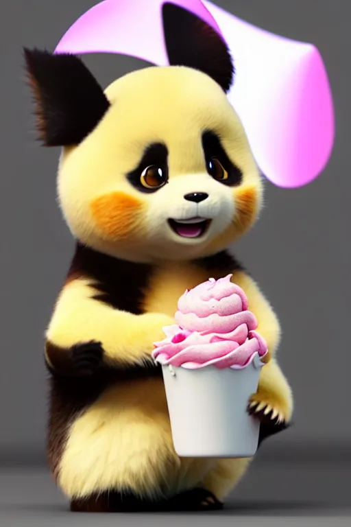 Prompt: high quality 3 d render hyperrealist very cute lowbrow happy panda & cat hybrid eating ice cream, vray smooth, in the style of detective pikachu, very dramatic light, low angle, uhd 8 k, shallow depth or field