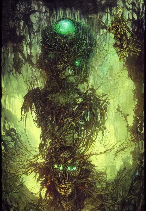 Image similar to ( underwater ) middle length portrait of a glowing cyborg leshy, cinematic light, looking to the side off camera, backlight glow, green gold, mist, by mikhail vrubel, by philippe druillet, by peter elson, by gerald brom, muted colors, extreme detail, trending on artstation, 8 k