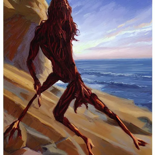 Image similar to improvisational by steve henderson. a beautiful print of a human - like creature with long, stringy hair. the figure has no eyes, only a mouth with long, sharp teeth. the creature is standing on a cliff overlooking a dark, foreboding sea.