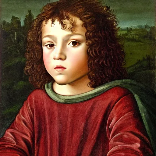 Prompt: caucasian boy age 11, with a curly mullet and brown eyes, renaissance portrait, vinatge painting royal painting