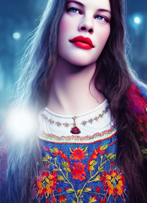 Image similar to young liv tyler, ukrainian national clothes, embroidered shirt, portrait of young woman, 8 k ultra realistic, lens flare, atmosphere, glow, detailed, intricate, full of colour, led lighting, 4 k, hyperrealistic, focused, extreme details, unreal engine 5, masterpiece