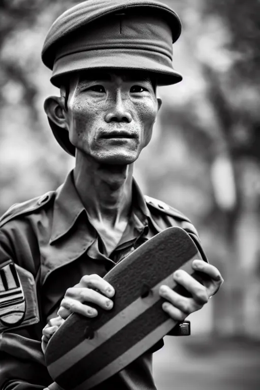 Image similar to vietnam soldier with skateboard, pulitzer award, captured by nikon d 8 5 0, 4 k, body features, face features, bokeh, by daniel berehulak and adnan abidi