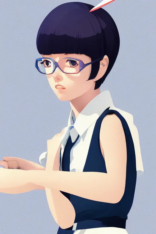 Image similar to a cute girl with shoulder - length white short hair wearing school uniform, mauve background, white hair, dark blue clothes double ball head, sharp focus, pure background color, illustration, morandi color scheme, art station, by ilya kuvshinov