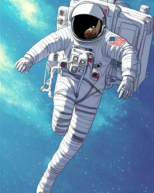 Image similar to astronaut with a damaged suit floating in space, desaturated colors, art by makoto shinkai and alan bean, yukito kishiro