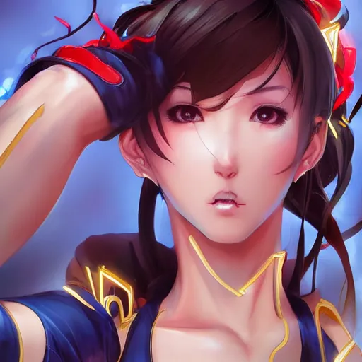 Image similar to A beautiful semi realistic anime portrait of Chun li, by Stanley Artgerm Lau, WLOP, Rossdraws, James Jean, Andrei Riabovitchev, Marc Simonetti, and Sakimichan, tranding on artstation H- 768