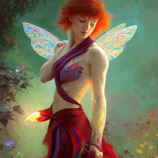 Image similar to beautiful natural fairy small winged redhead martial artist karate fey, vivid colors, intricate, elegant, highly detailed, digital painting, artstation, concept art, smooth, sharp focus, illustration, art by artgerm and greg rutkowski and alphonse mucha and loish and wlop