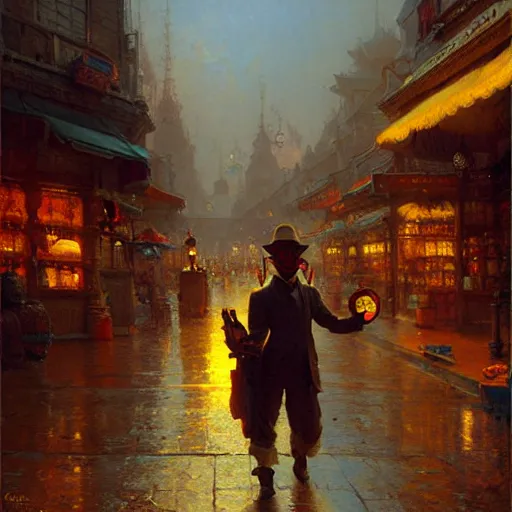 Prompt: the happy mask salesman in clock town. highly defined painting, highly detailed painting by gaston bussiere, craig mullins 8 k