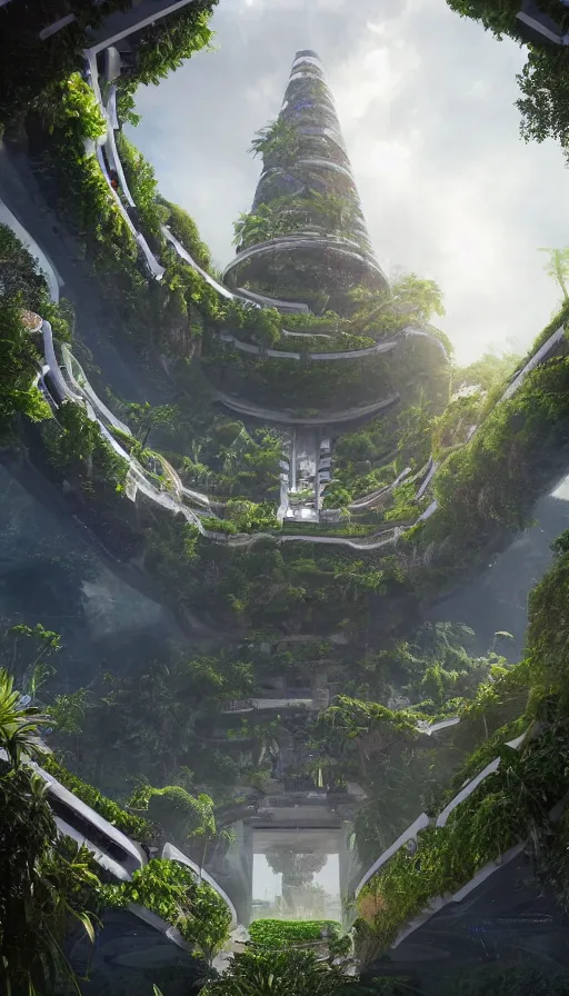 Image similar to a futuristic Hanging Gardens of Babylon with a future scifi ancient god on the middle holding a portal that's about to explode, sweat drops, insane, intricate, highly detailed, oil painting, smooth, sharp focus, Unreal Engine 5, 8K, art by Diego Velázquez