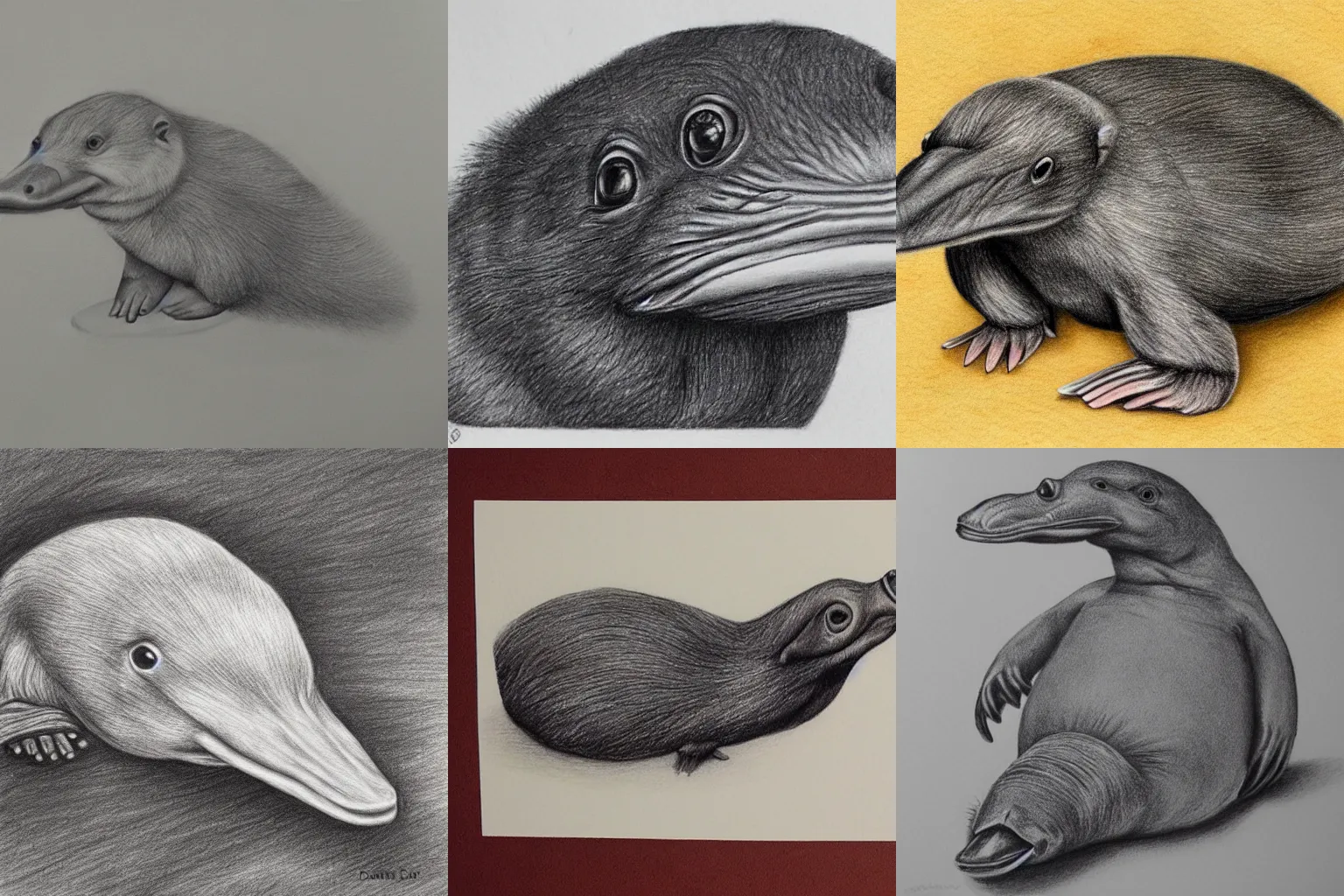 Prompt: Platypus pencil drawing by Danielle Fisher