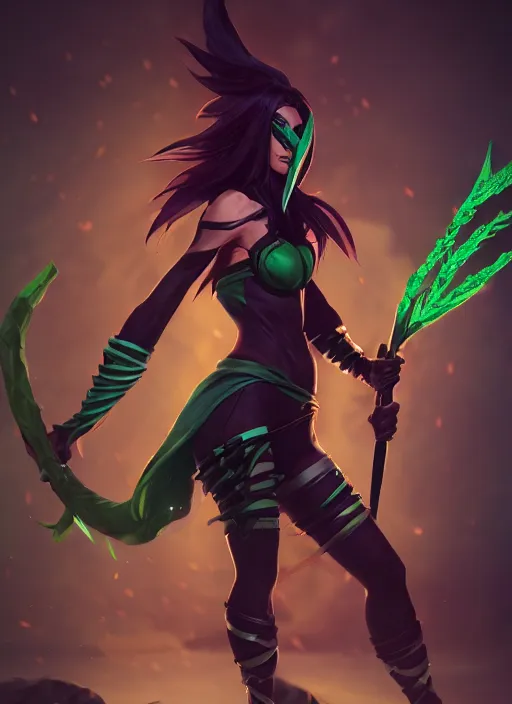 Image similar to dark akali, from league of legends, holding green daggers, ninja costume, hyper detailed, digital art, trending in artstation, cinematic lighting, studio quality, smooth render, unreal engine 5 rendered, octane rendered, art style by klimt and nixeu and ian sprigger and wlop and krenz cushart