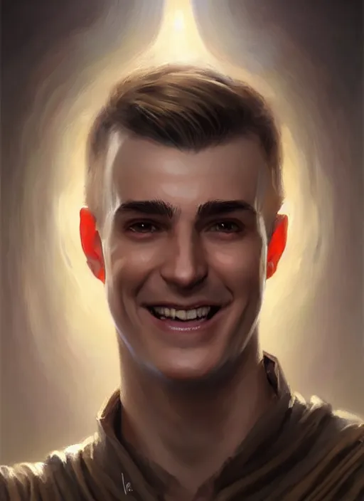 Image similar to a _ fantasy _ style _ portrait _ painting _ of white male short fringe light brown hair short face grinning clean shaven short head, rpg dnd oil _ painting _ unreal _ 5 _ daz. _ rpg _ portrait _ extremely _ detailed _ artgerm _ greg _ rutkowski _ greg