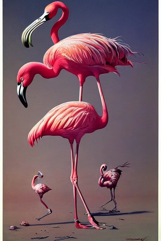 Image similar to hyper realistic painting of a flamingo by wayne barlowe, beksinski, hr giger, austin osman spare, bussiere