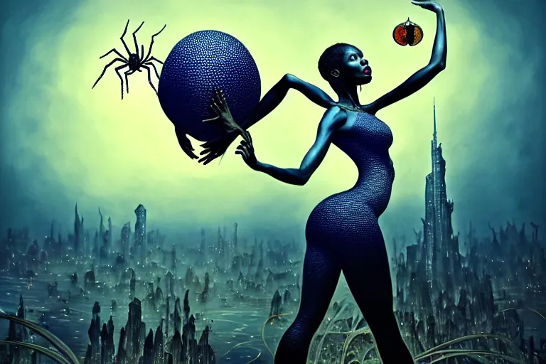 Image similar to realistic detailed photorealistic film portrait shot of a beautiful black woman with a giant spider, sci - fi city landscape background by amano, yves tanguy, alphonse mucha, ernst haeckel, max ernst, andrei tarkovsky, edward robert hughes, roger dean, necklace, dynamic pose, rich moody colours, wide angle, blue eyes