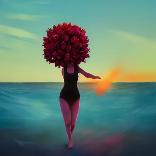 Image similar to portrait, giant rose flower head, girl dancing at the beach, surreal photography, sunrise, blue sky, dramatic light, impressionist painting, digital painting, artstation, simon stalenhag