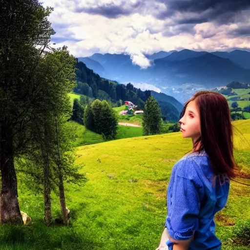 Image similar to a beautiful photograph of a girl with switzerland landscape in the background with trees, hdr, 8 k, high quality, sharp focus, artstation, highly detailed, award - winning, dramatic lighting, beautiful clouds, and nature