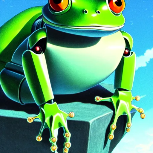 Image similar to a full body portrait of robot frog, finely detailed features, closeup at the faces, perfect art, gapmoe yandere grimdark, trending on pixiv fanbox, artwork by makoto shinkai, takashi takeuchi, studio ghibli, akihiko yoshida,