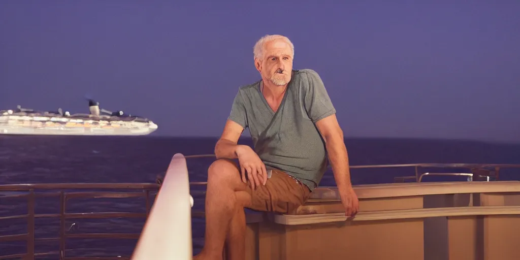 Prompt: a sad man leaning against the guardrail on a cruise ship smoking a cigarette at midnight, photo, 8 k