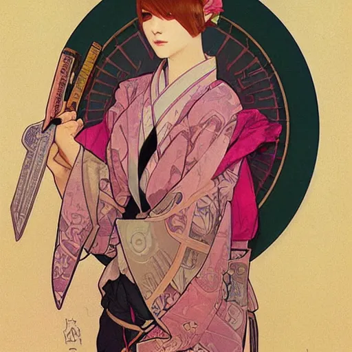 Image similar to portrait of pink short haired samurai girl with a coat and bandages on chest, by wlop and ross tran alphonse mucha