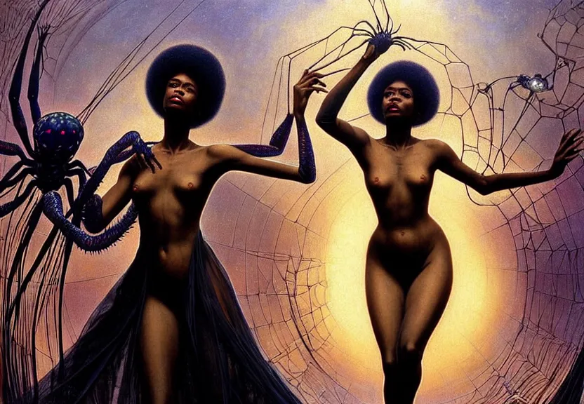 Image similar to realistic detailed portrait movie shot of a beautiful black woman in a transparent sheer dress raincoat dancing with a giant spider, futuristic sci fi landscape background by denis villeneuve, jean delville, monia merlo, ernst haeckel, alphonse mucha, max ernst, caravaggio, roger dean, sci fi necklace, masterpiece, dreamy, rich moody colours