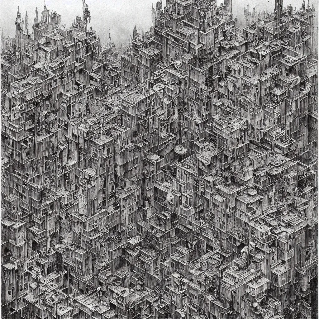 Prompt: city of feeble eldritch beings, , clear view of civilians, Mattias Adolfsson!!!, Piranesi!!, Zdzisław Beksiński!, isometric, greeble, modern European ink painting, storybook illustration, watercolor, dystopian, surrealism