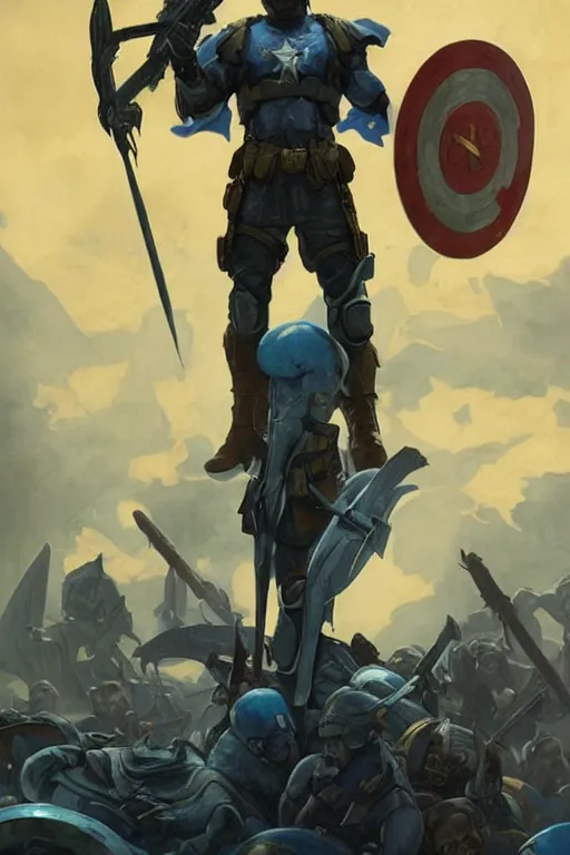 Prompt: A modern super soldier with a trident coat of armor and blue and yellow flag behind him is standing on a pile of skulls with Z character on foreheads, D&D, fantasy, painted character portrait, highly detailed, digital painting, artstation, concept art, sharp focus, illustration, art by artgerm and greg rutkowski and alphonse mucha