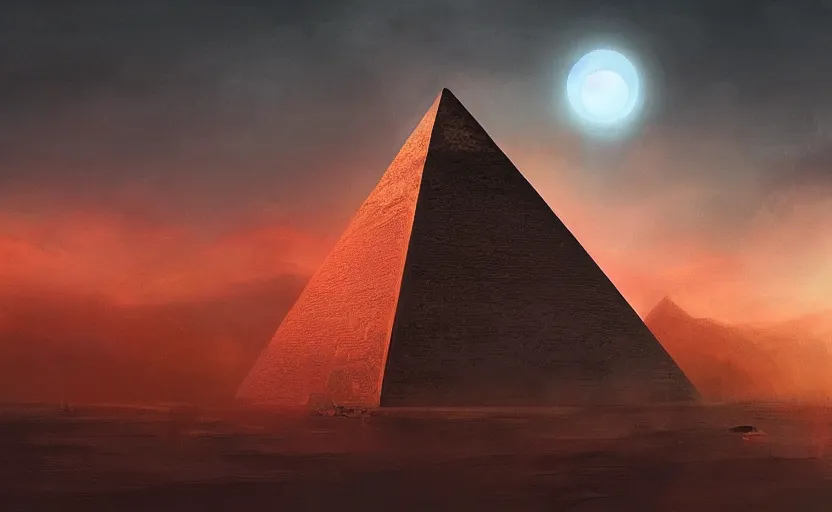 Prompt: A big pyramid with an eye on it floating in the sky, red sky, sunset, eerie, scary, digital art made by Stanley Artgerm Lau, WLOP, Rossdraws, James Jean, Andrei Riabovitchev, Marc Simonetti, Yoshitaka Amano, ArtStation, CGSociety